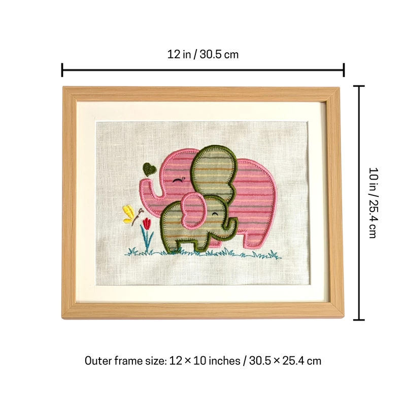 Baby Elephants - Pink Green Embroidered Textile Wall Art Frame with Applique