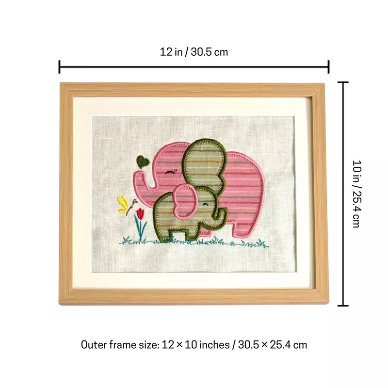 Baby Elephants - Pink Green Embroidered Textile Wall Art Frame with Applique