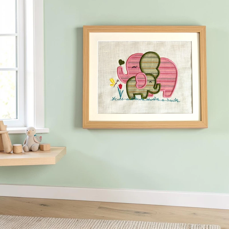 Baby Elephants - Pink Green Embroidered Textile Wall Art Frame with Applique