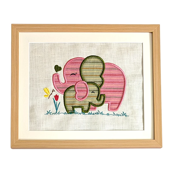 Baby Elephants - Pink Green Embroidered Textile Wall Art Frame with Applique