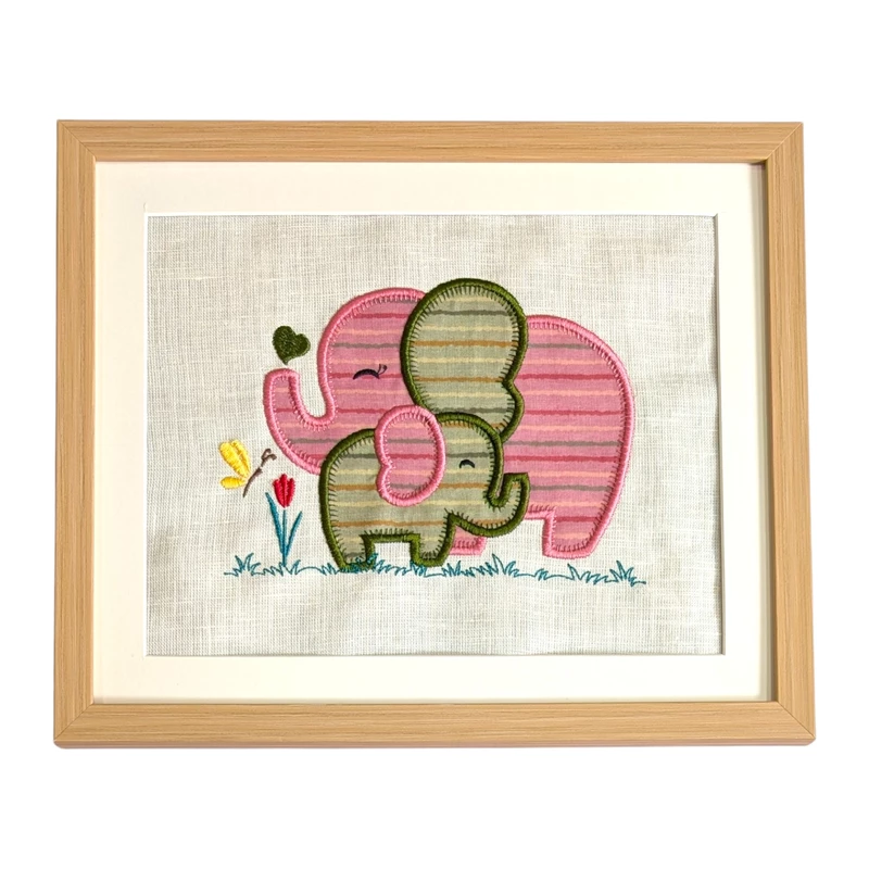 Baby Elephants - Pink Green Embroidered Textile Wall Art Frame with Applique