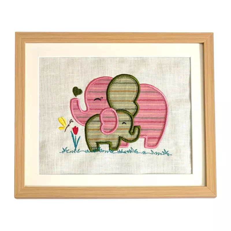 Baby Elephants - Pink Green Embroidered Textile Wall Art Frame with Applique