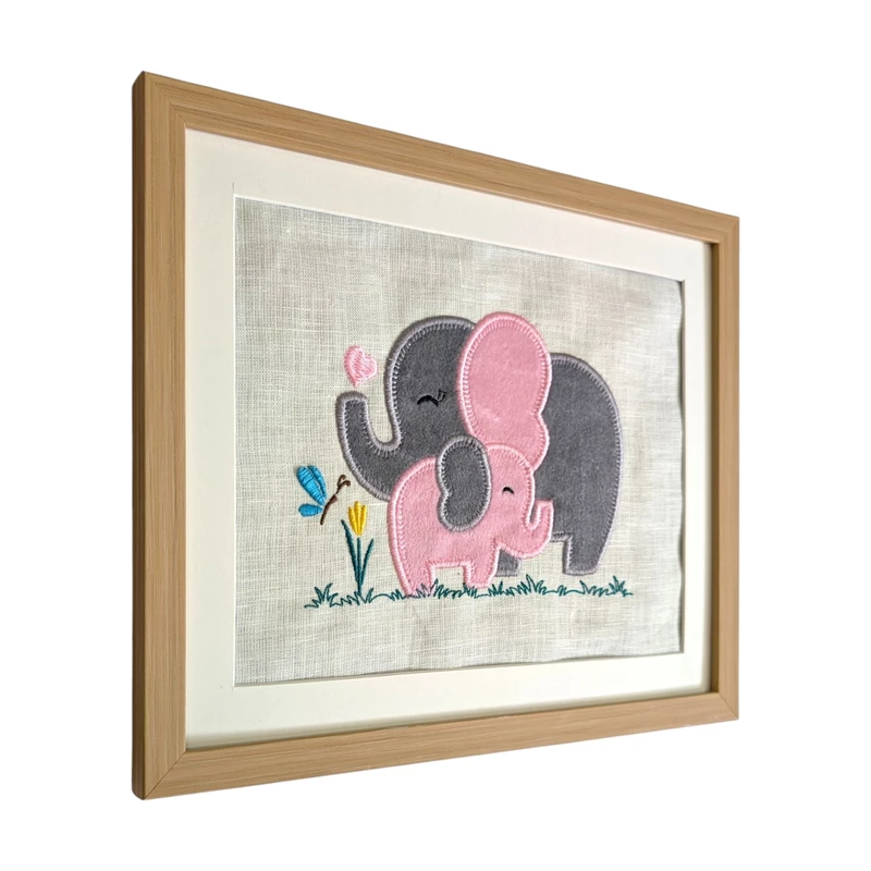 Baby Elephants - Grey Pink Embroidered Textile Wall Art Frame with Applique