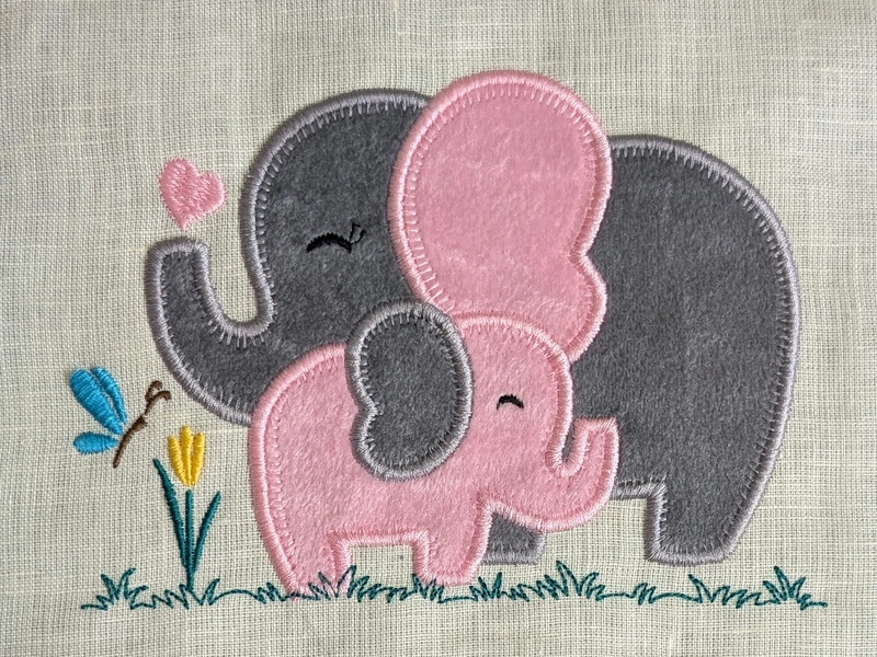 Baby Elephants - Grey Pink Embroidered Textile Wall Art Frame with Applique