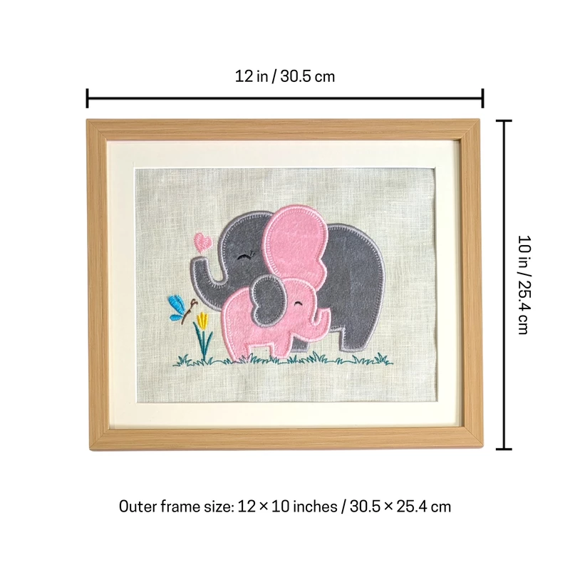 Baby Elephants - Grey Pink Embroidered Textile Wall Art Frame with Applique