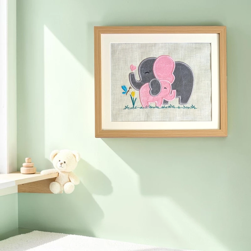 Baby Elephants - Grey Pink Embroidered Textile Wall Art Frame with Applique