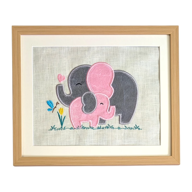 Baby Elephants - Grey Pink Embroidered Textile Wall Art Frame with Applique