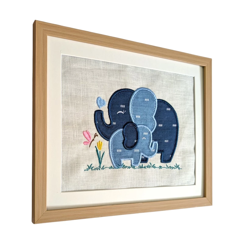 Baby Elephants - Dark Blue Light Blue Embroidered Textile Wall Art Frame with Applique