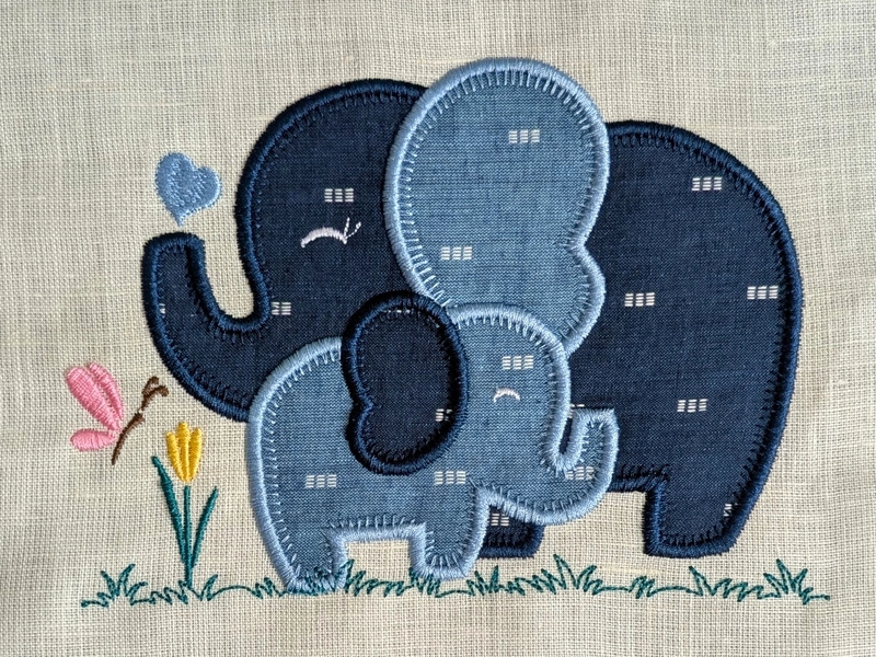 Baby Elephants - Dark Blue Light Blue Embroidered Textile Wall Art Frame with Applique
