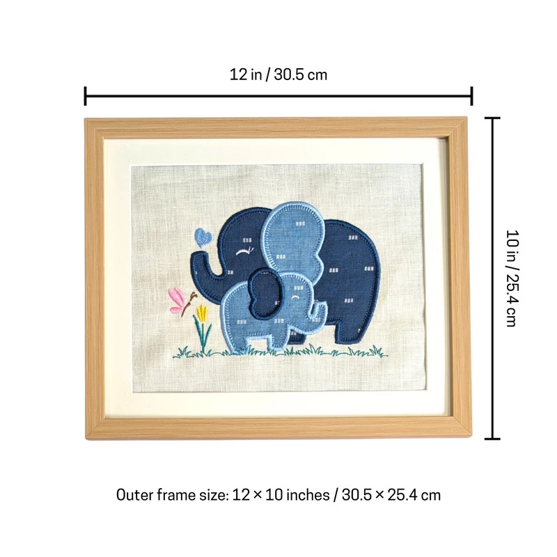 Baby Elephants - Dark Blue Light Blue Embroidered Textile Wall Art Frame with Applique