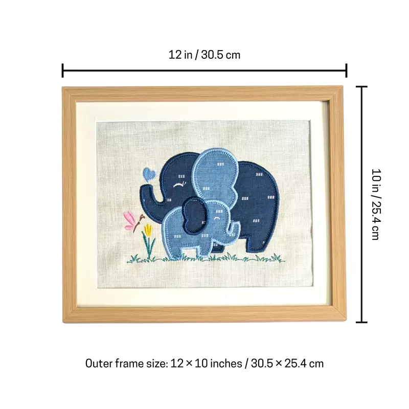 Baby Elephants - Dark Blue Light Blue Embroidered Textile Wall Art Frame with Applique