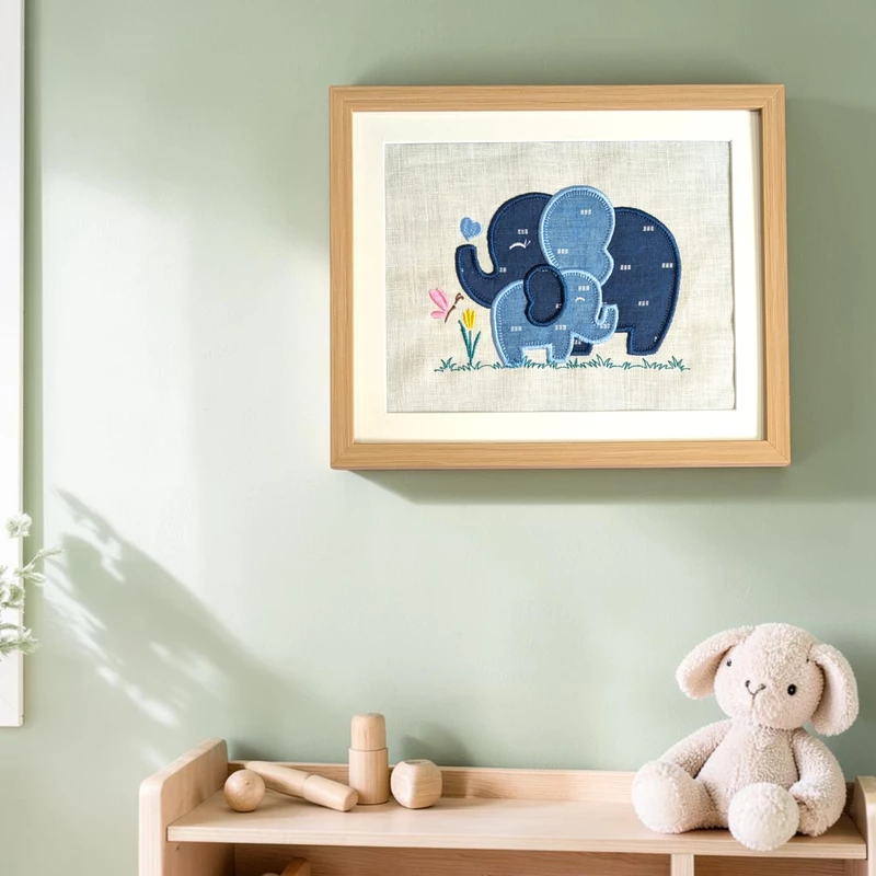 Baby Elephants - Dark Blue Light Blue Embroidered Textile Wall Art Frame with Applique