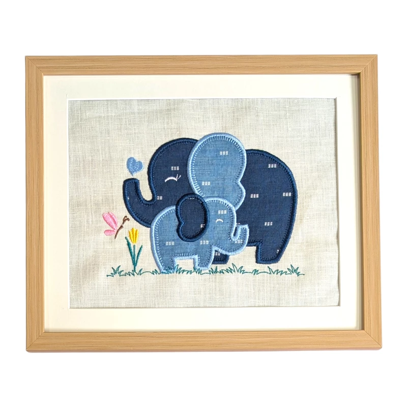 Baby Elephants - Dark Blue Light Blue Embroidered Textile Wall Art Frame with Applique