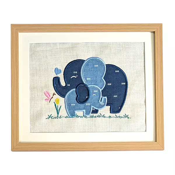 Baby Elephants - Dark Blue Light Blue Embroidered Textile Wall Art Frame with Applique