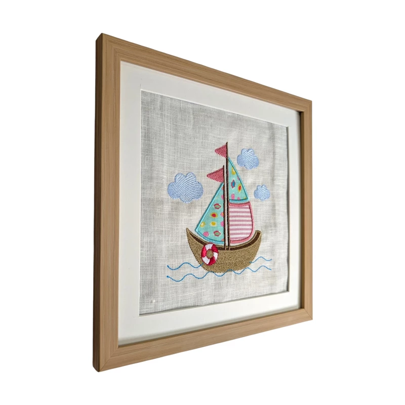Sail Boat - Sea Green Pink Embroidered Textile Wall Art Frame with Applique