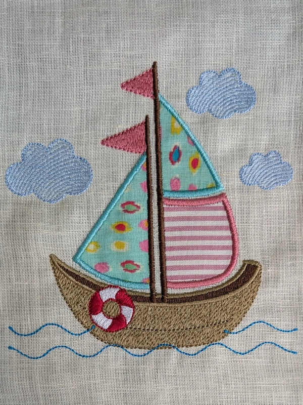 Sail Boat - Sea Green Pink Embroidered Textile Wall Art Frame with Applique