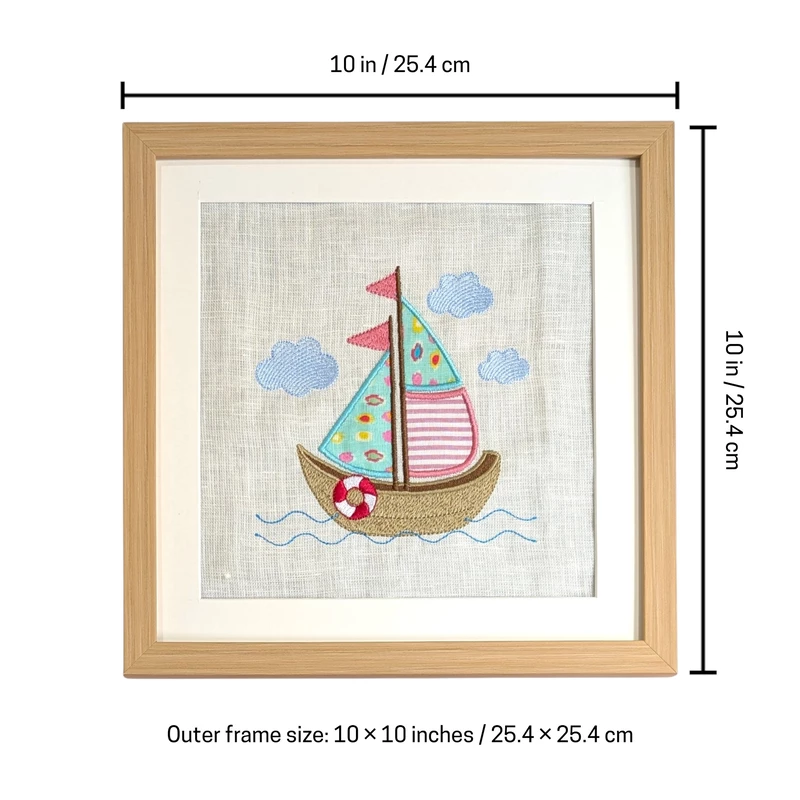 Sail Boat - Sea Green Pink Embroidered Textile Wall Art Frame with Applique