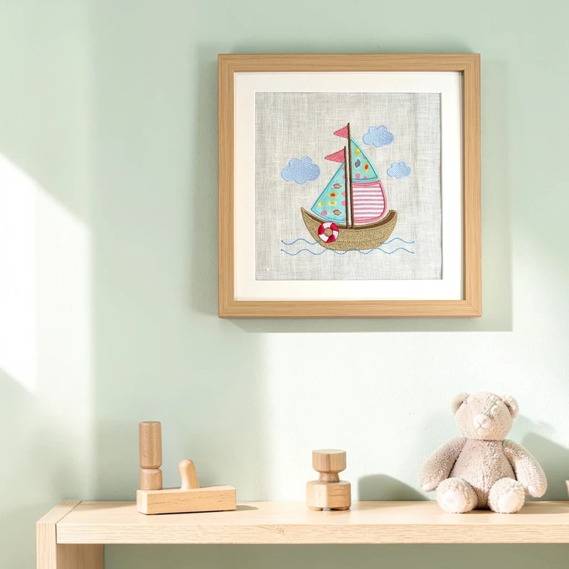 Sail Boat - Sea Green Pink Embroidered Textile Wall Art Frame with Applique