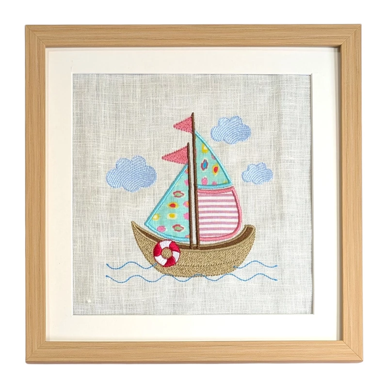 Sail Boat - Sea Green Pink Embroidered Textile Wall Art Frame with Applique