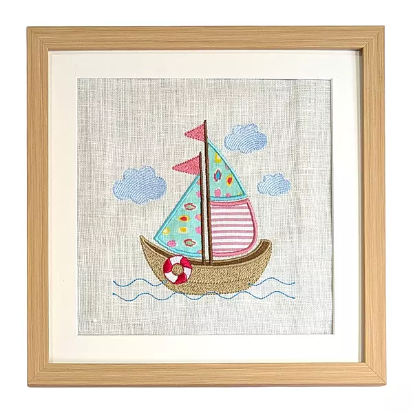 Sail Boat - Sea Green Pink Embroidered Textile Wall Art Frame with Applique