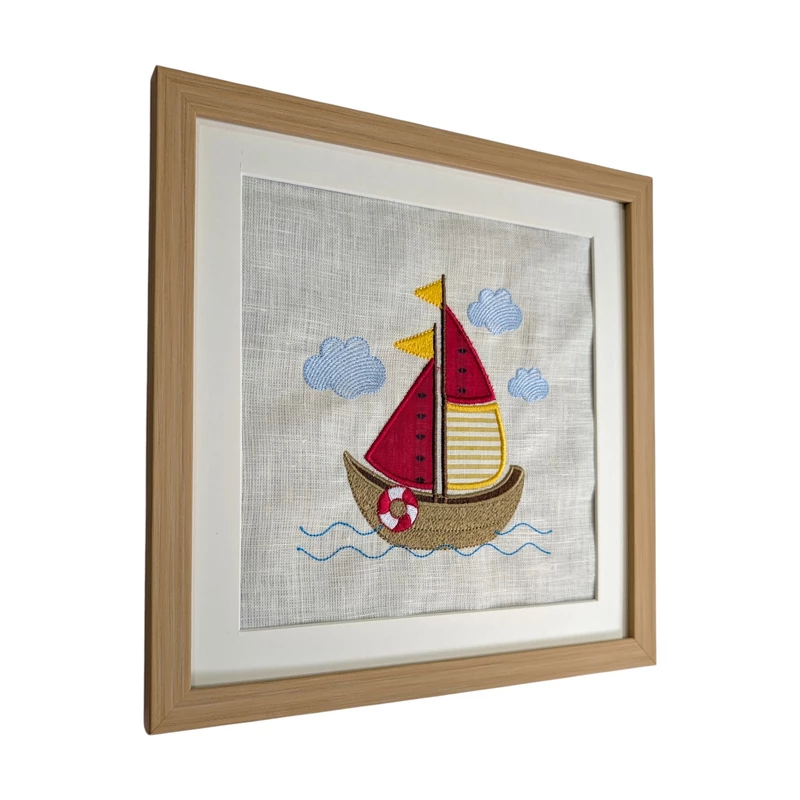 Sail Boat - Red Yellow Embroidered Textile Wall Art Frame with Applique