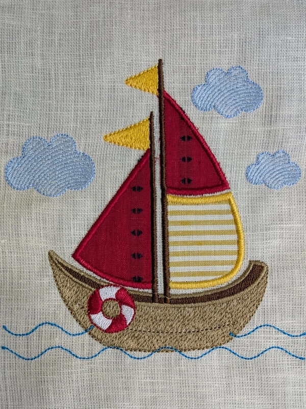 Sail Boat - Red Yellow Embroidered Textile Wall Art Frame with Applique