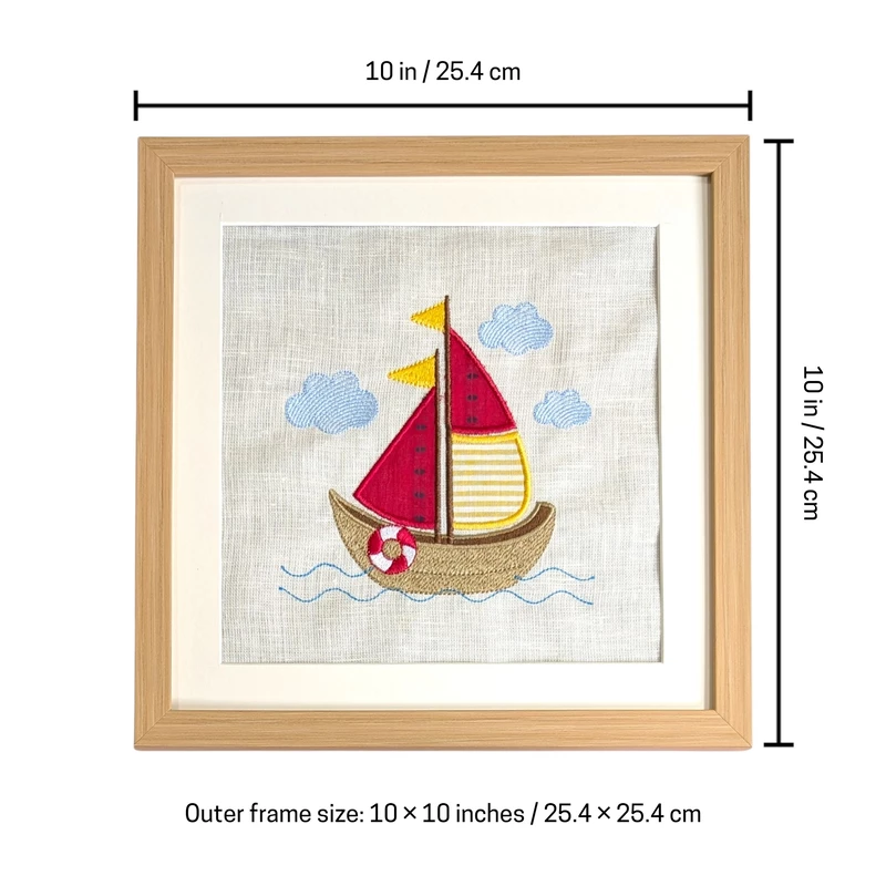 Sail Boat - Red Yellow Embroidered Textile Wall Art Frame with Applique
