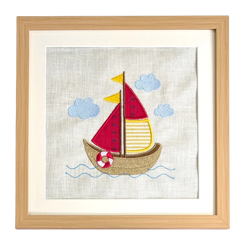 Sail Boat - Red Yellow Embroidered Textile Wall Art Frame with Applique