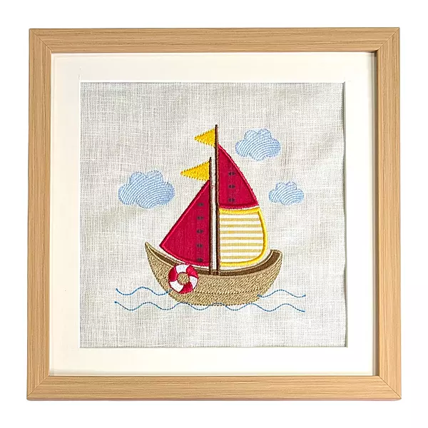 Sail Boat - Red Yellow Embroidered Textile Wall Art Frame with Applique