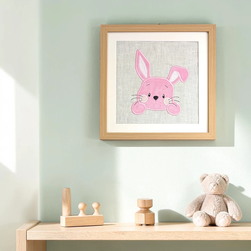 Bunny Face Embroidered Textile Wall Art Frame with Applique