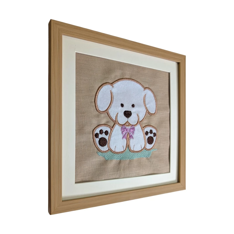 Puppy - White Embroidered Textile Wall Art Frame with Applique
