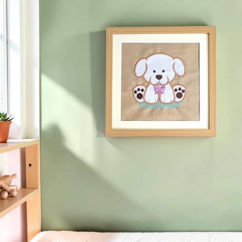Puppy - White Embroidered Textile Wall Art Frame with Applique