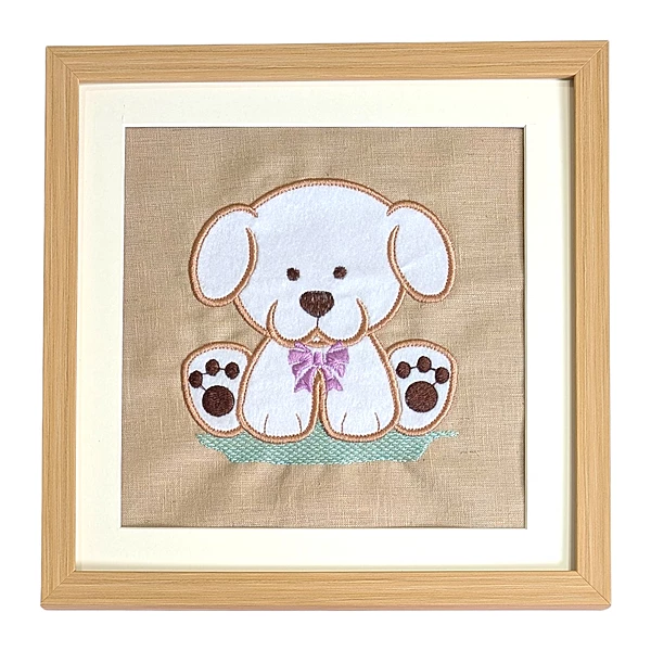 Puppy - White Embroidered Textile Wall Art Frame with Applique