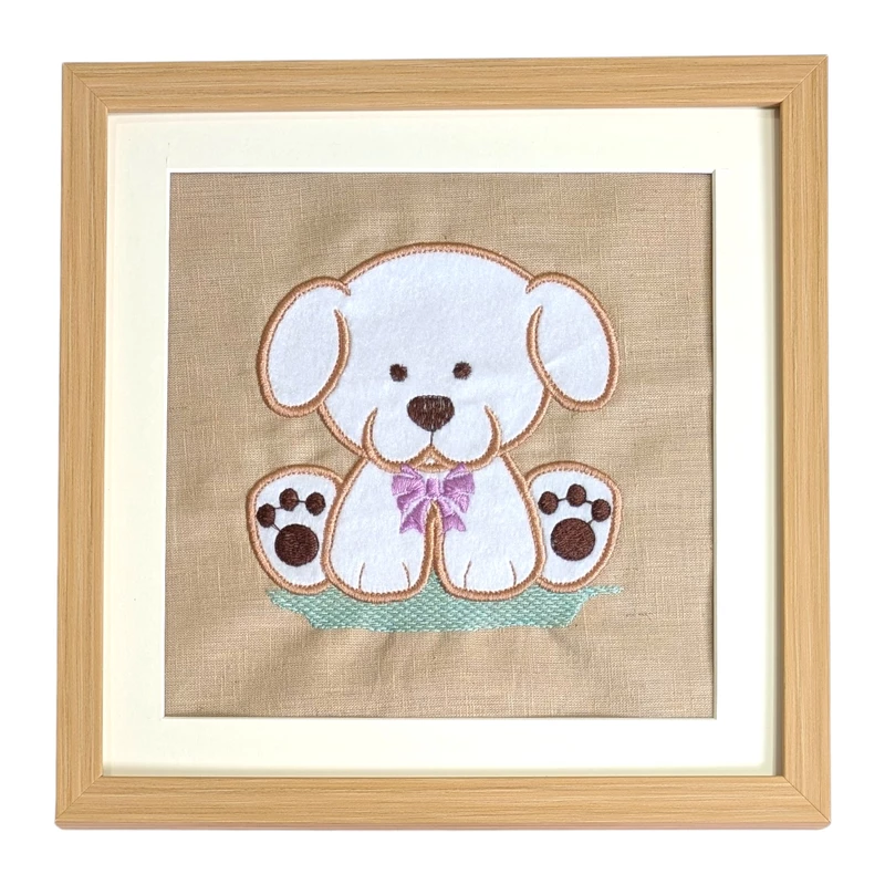 Puppy - White Embroidered Textile Wall Art Frame with Applique