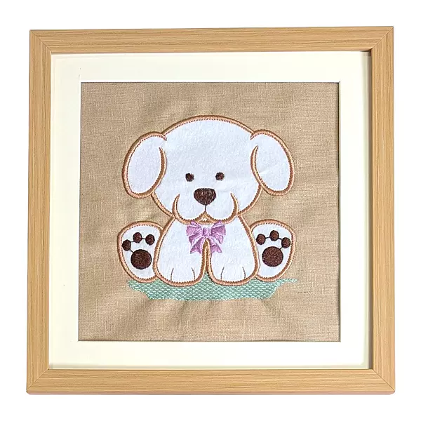 Puppy - White Embroidered Textile Wall Art Frame with Applique