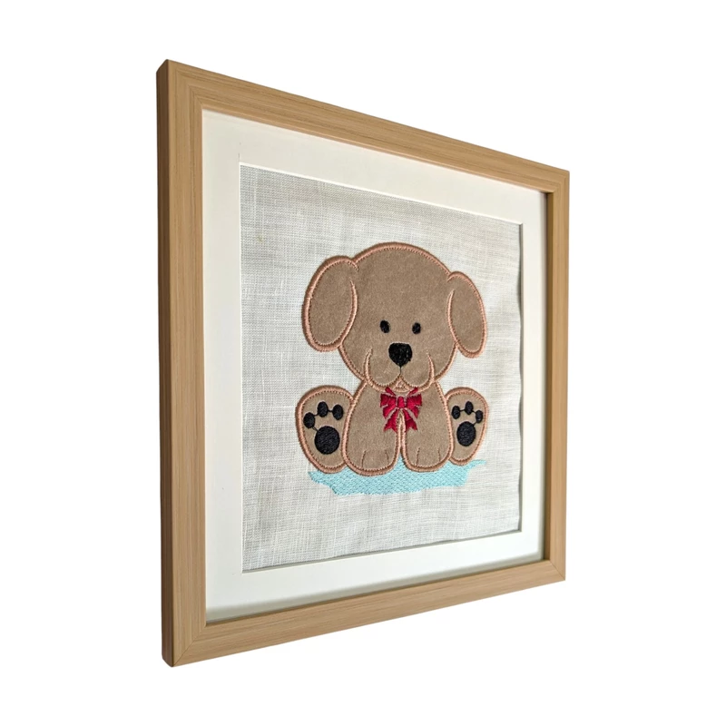 Puppy - Beige Embroidered Textile Wall Art Frame with Applique