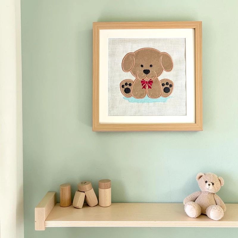 Puppy - Beige Embroidered Textile Wall Art Frame with Applique