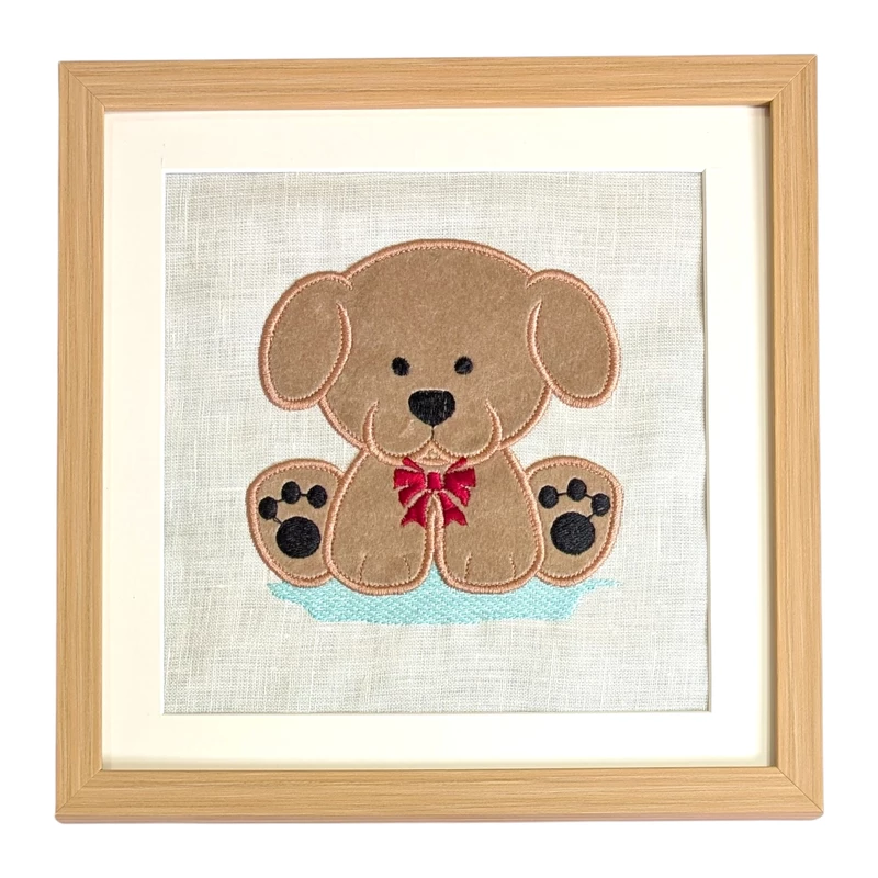 Puppy - Beige Embroidered Textile Wall Art Frame with Applique