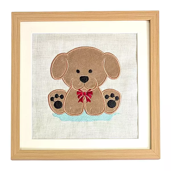 Puppy - Beige Embroidered Textile Wall Art Frame with Applique