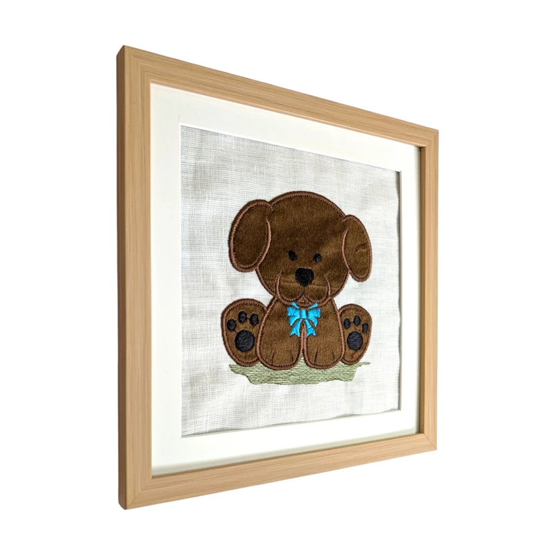 Puppy - Dark Brown Embroidered Textile Wall Art Frame with Applique