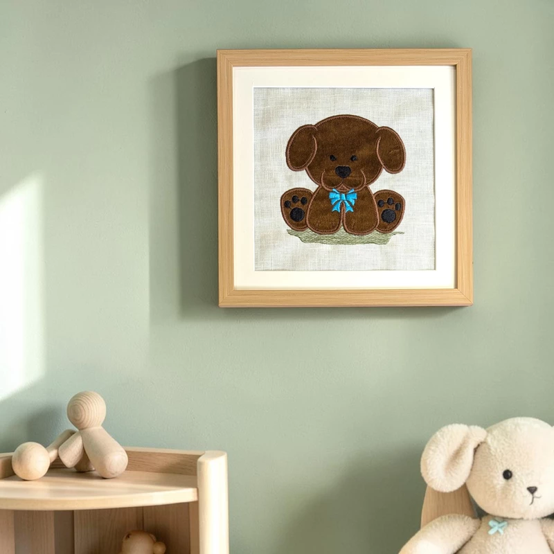 Puppy - Dark Brown Embroidered Textile Wall Art Frame with Applique