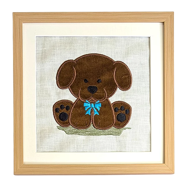 Puppy - Dark Brown Embroidered Textile Wall Art Frame with Applique