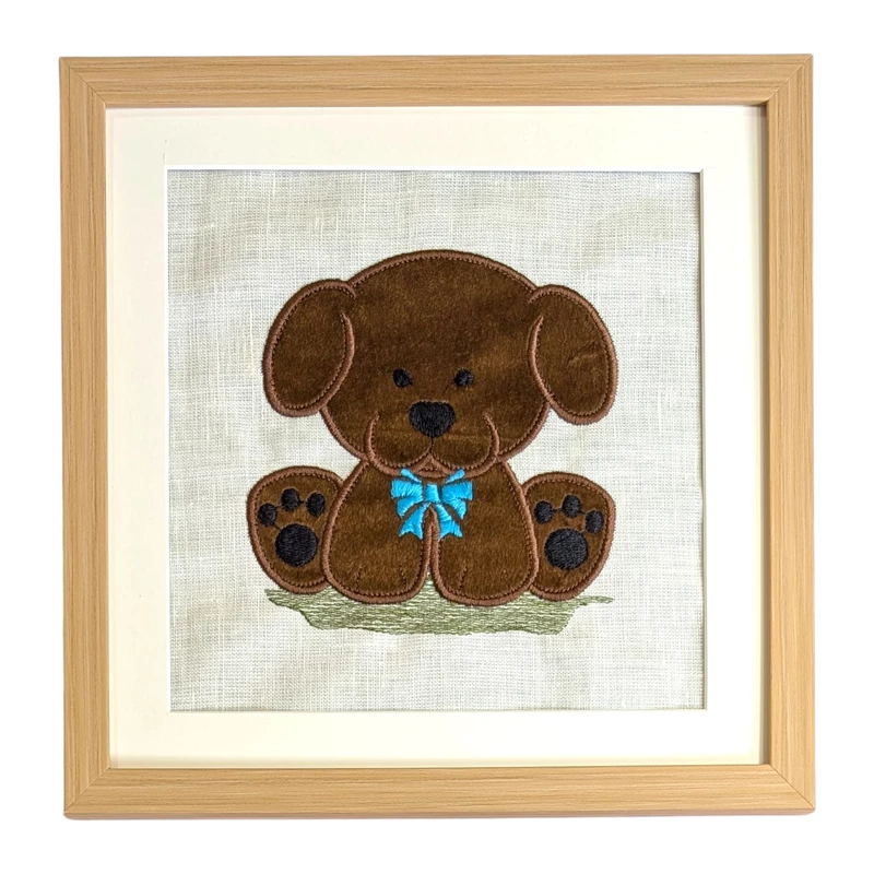 Puppy - Dark Brown Embroidered Textile Wall Art Frame with Applique
