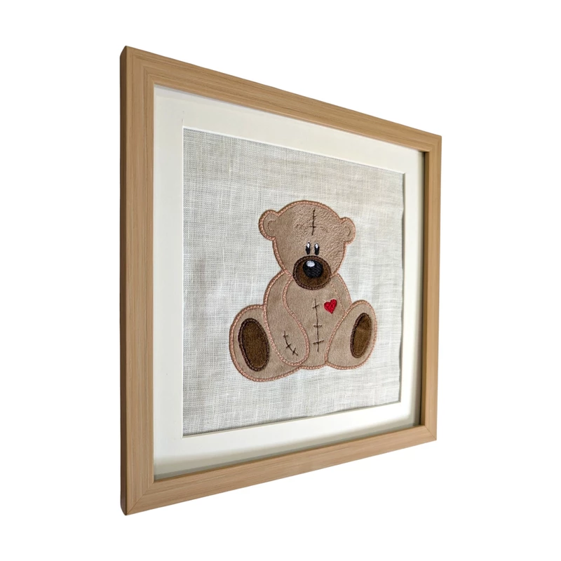 Teddy Bear - Beige Embroidered Textile Wall Art Frame with Applique