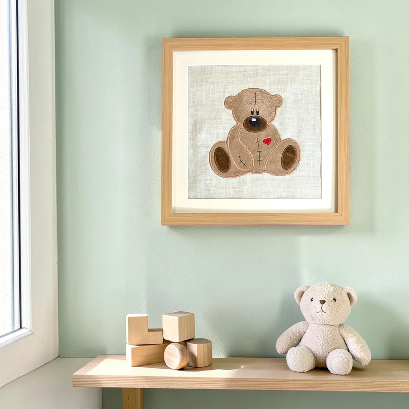 Teddy Bear - Beige Embroidered Textile Wall Art Frame with Applique