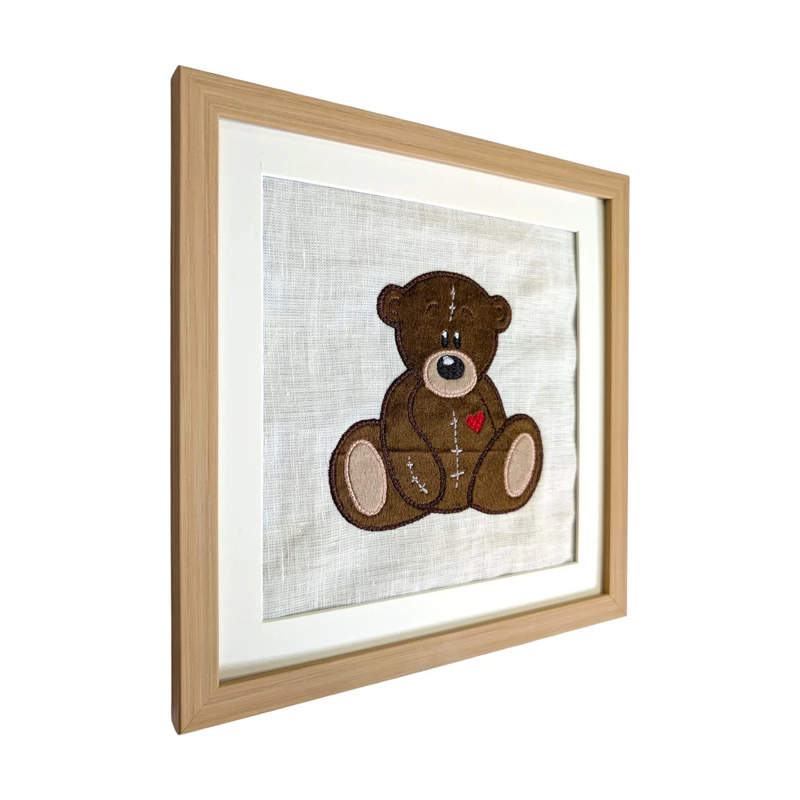 Teddy Bear - Dark Brown Embroidered Textile Wall Art Frame with Applique