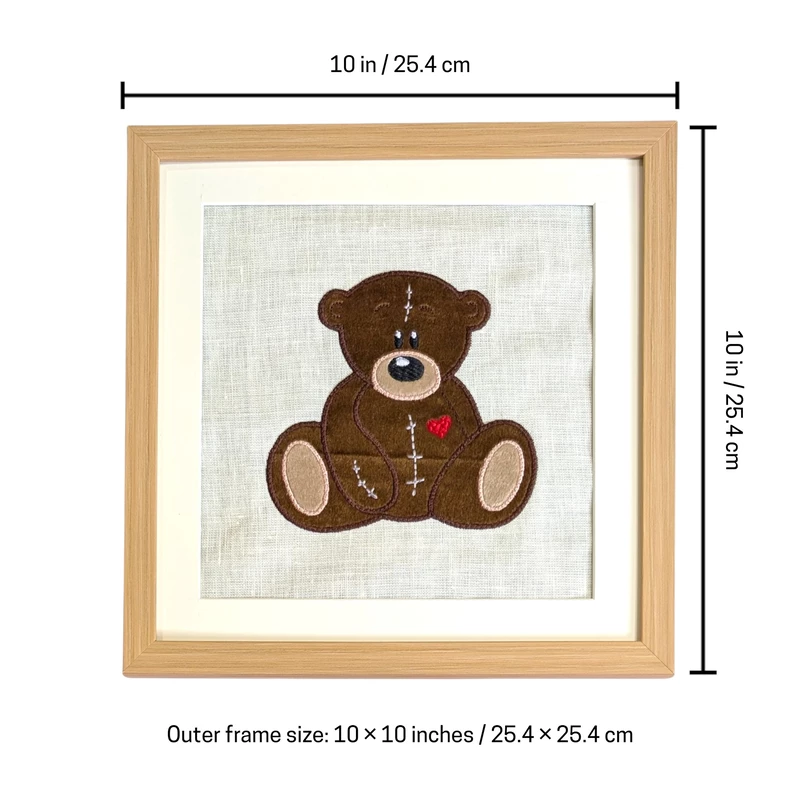 Teddy Bear - Dark Brown Embroidered Textile Wall Art Frame with Applique