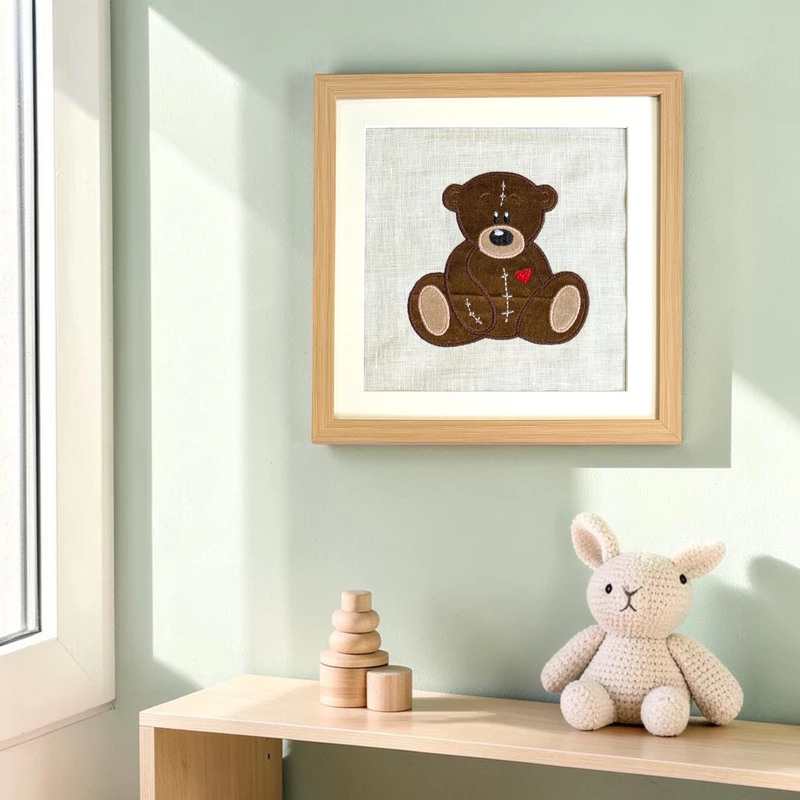 Teddy Bear - Dark Brown Embroidered Textile Wall Art Frame with Applique