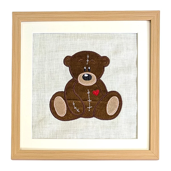 Teddy Bear - Dark Brown Embroidered Textile Wall Art Frame with Applique