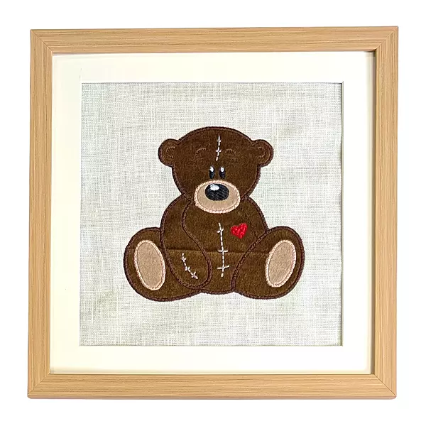 Teddy Bear - Dark Brown Embroidered Textile Wall Art Frame with Applique